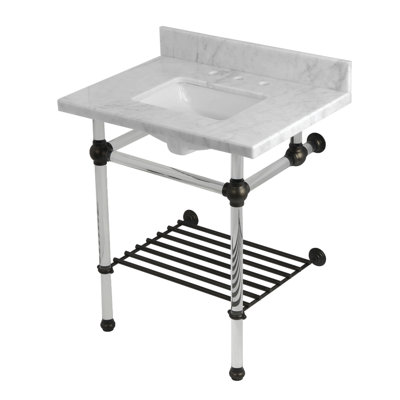 Kingston Brass Templeton 30-Inch Carrara Marble Console Sink with Acrylic Legs and Shelf (8-Inch, 3-Hole)