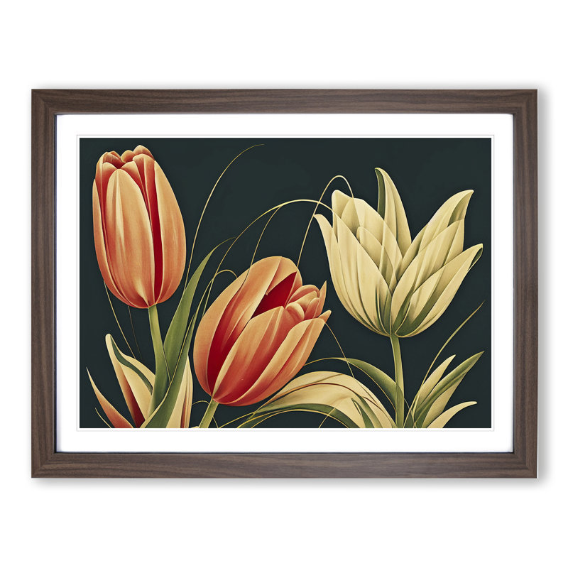 Art Deco Tulip Flowers Vol.2 - Single Picture Frame Print, Walnut Framed, 46cm H x 64cm W x 2cm D