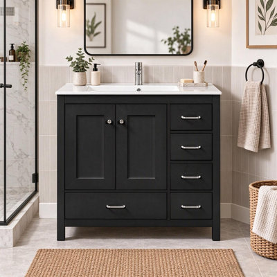 Meuble-lavabo sur pied noir de 91 cm (36 pouces) avec lavabo en céramique, style Shaker moderne, 2 portes à fermeture douce et 5 tiroirs, offrant un grand espace de rangement pour la salle de bain des invités.