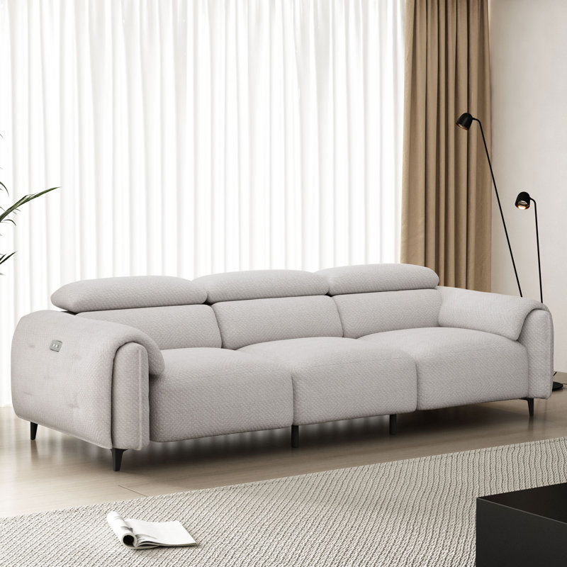 Athos 104.3-inch 3D plush fabric pillow armrest dual motor recliner sofa with adjustable headrest and USB interface