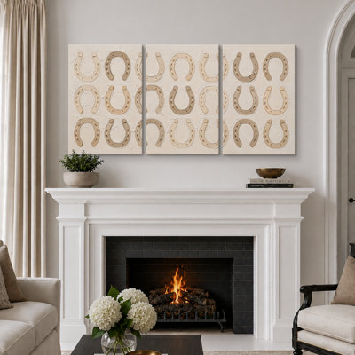 " Rustic Horseshoe Western Farmhouse Artwork, Living Room Pictures, Framed Canvas Giclee Print 3 Pieces Wall Art - 16"x24"x3pcs, 24"x36"x3pcs "