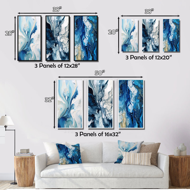 «Blue and Gray Ethereal Elixir V», 3 pièces sur toile, Cadre naturel flottant, H 20 po x l 36 po