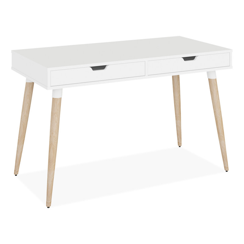 White and Beige Wood Scandinavian Writing Desk with Drawers