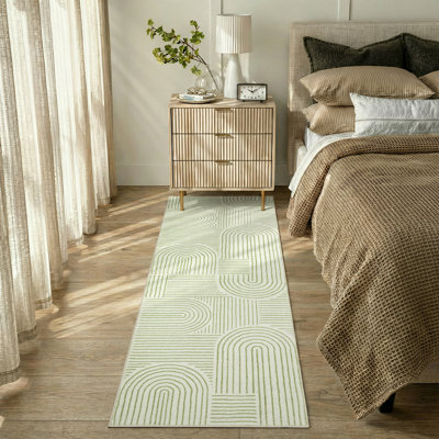 Celeta Washable Abstract Japandi Rainbow Striped Green Area Rug - Colorful Modern Carpet for Living Room, Bedroom, or Office Decor