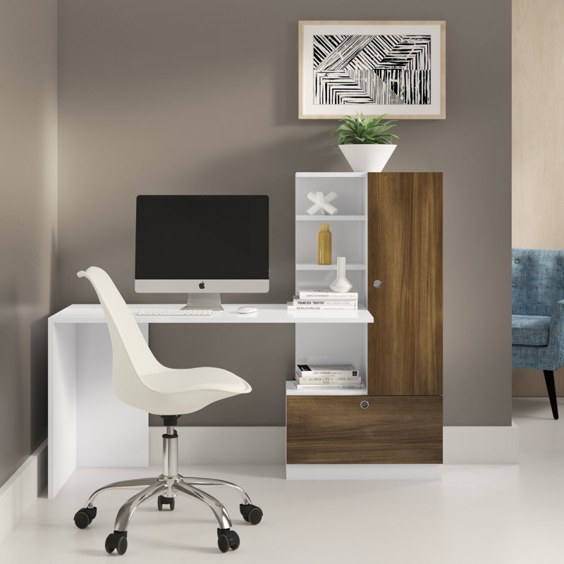 Reichert 150Cm W Computer Desk with Cabinet, Walnut/White