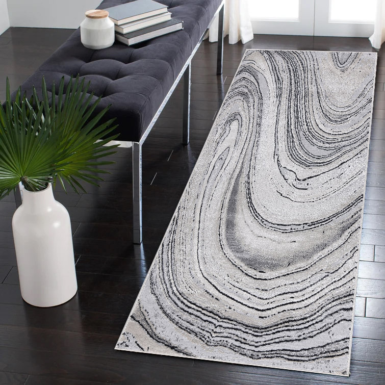 Nevada Collection Abstract Cream and Gold Rug, Black/Gray, Runner 2'6" x 7'8"