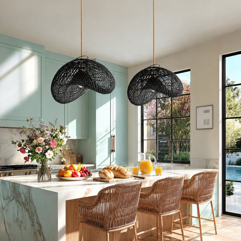 Lucian Rattan Pendant Light - 28" Black Handwoven Adjustable Ceiling Light For Kitchen Island, Dining Room or Living Room in Modern and Farmhouse Style