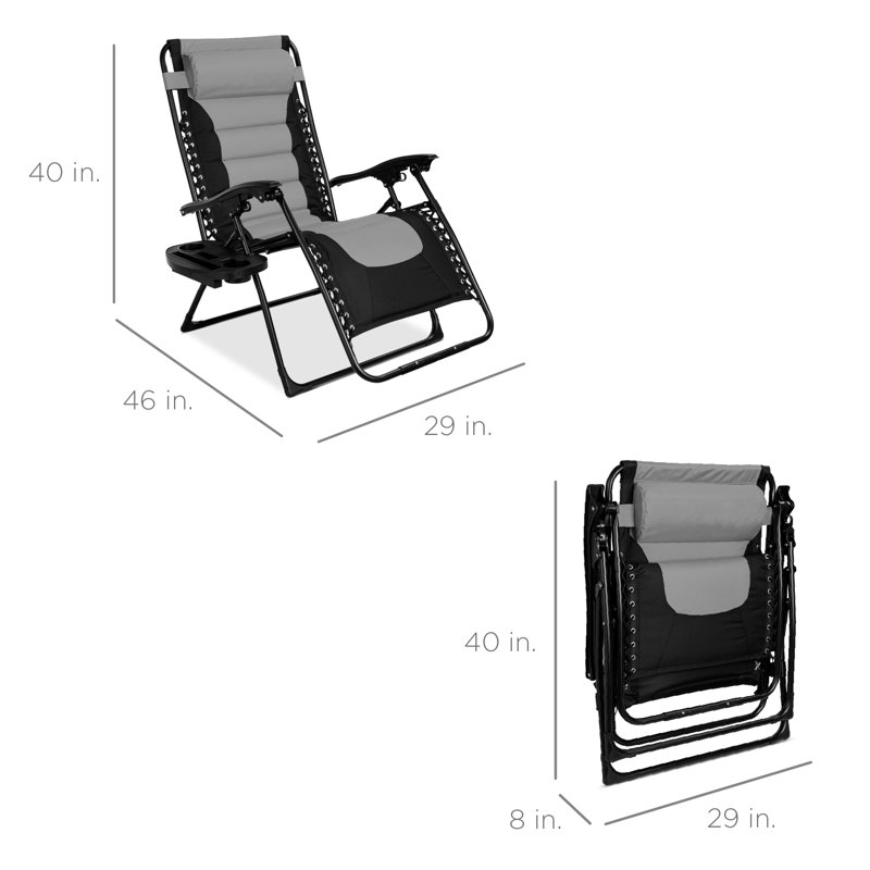 Danny-James Oversized Padded Zero Gravity Chair, Folding Outdoor Patio Recliner w/ Side Tray, Gray