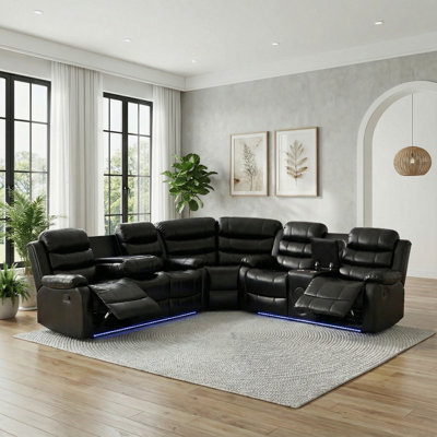 3 Piece Faux Leather Reclining Sectional with LED Lighting, Bluetooth Speaker & Charging Console