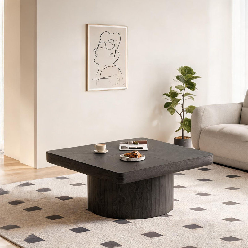 Table basse en placage de bois véritable noir profond, base carrée de 34,6 po, base cylindrique moderne, centre de table de salon