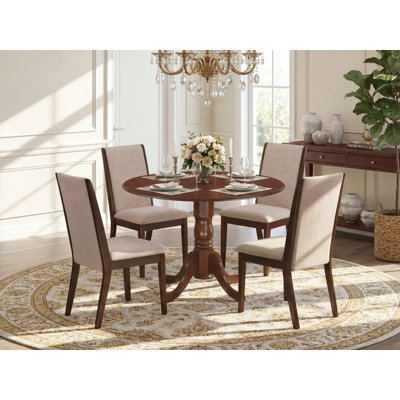 L'ensemble de table de cuisine 5 pièces pour 4 personnes comprend une table de salle à manger ronde avec Dropleaf et 4 chaises de salle à manger Parson en tissu brun clair clair, 42 x 42 pouces, acajou
