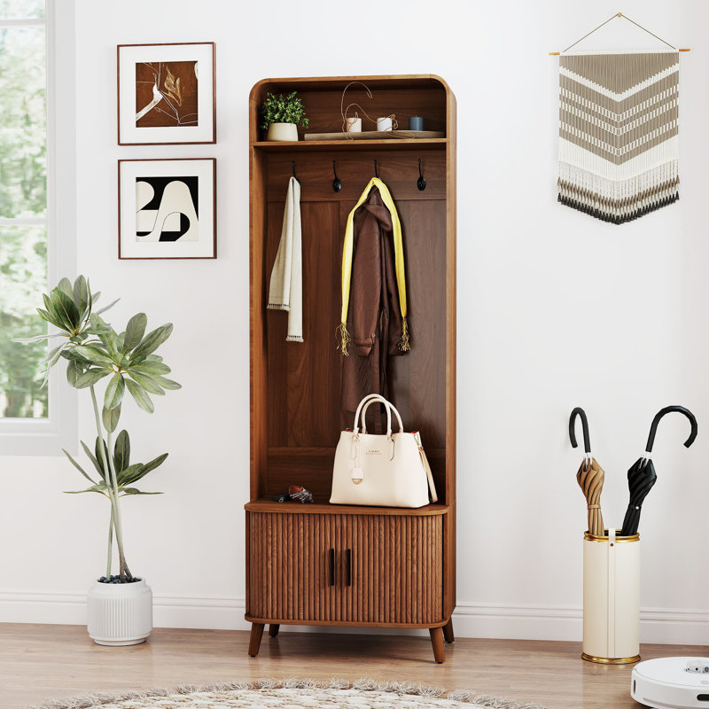 66.9" Hall Tree With Storage, Storage Bench, Arch Coat Rack With 4 Hooks And 2 Fluted Doors