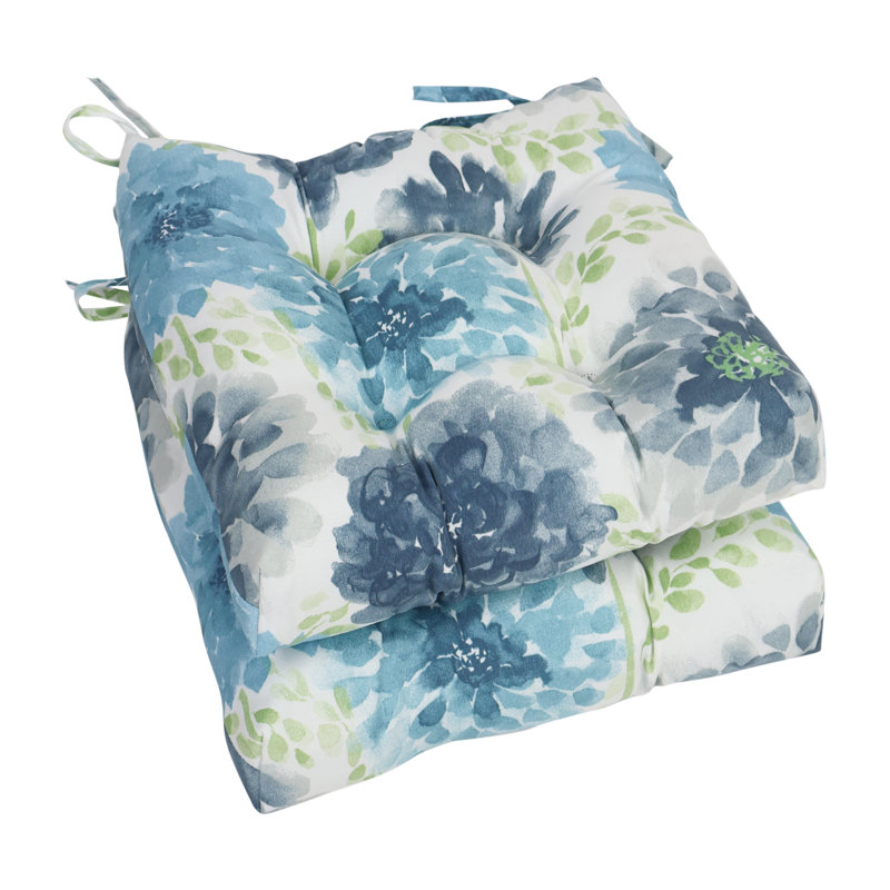 16-Inch Square Outdoor Tufted Chair Cushions (Set Of 2), White/Blue/Gardenia Cool Floral