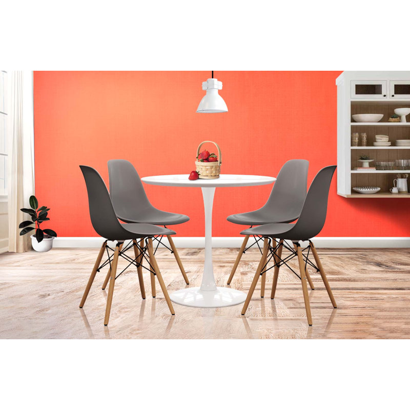 Modholic Tulip 36" Round Wood Dining Table & Set Of 4 Wood Leg Chairs, Gray, Gray, 29.75"H x 35.5"L x 35.5"W