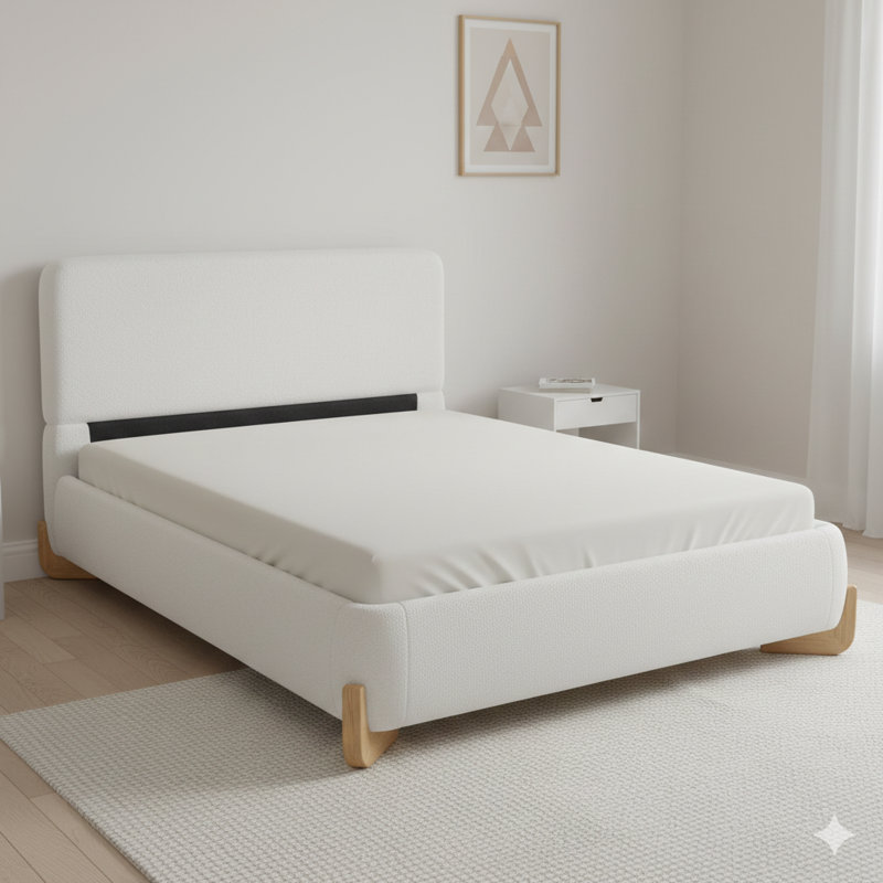 Élégant lit double capitonné Boucle, un centre de chambre luxueux et confortable, en blanc.
