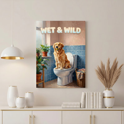 Golden Retriever Dog On Toilette Wet And Wild, reproduction d'art sur toile tendue sur toile, ensemble de 1
