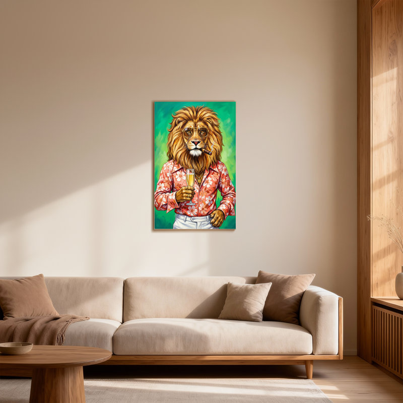 Animaux, lion dans une chemise hawaïenne avec champagne et cigare, H 18 po x l 12 po