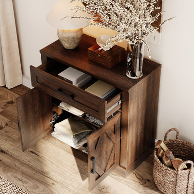 Glenford 82.7"W Large Modern Farmhouse Office Storage Cabinet With Barn Doors & Drawers, Scratch-Resistant Tree Bark Finish