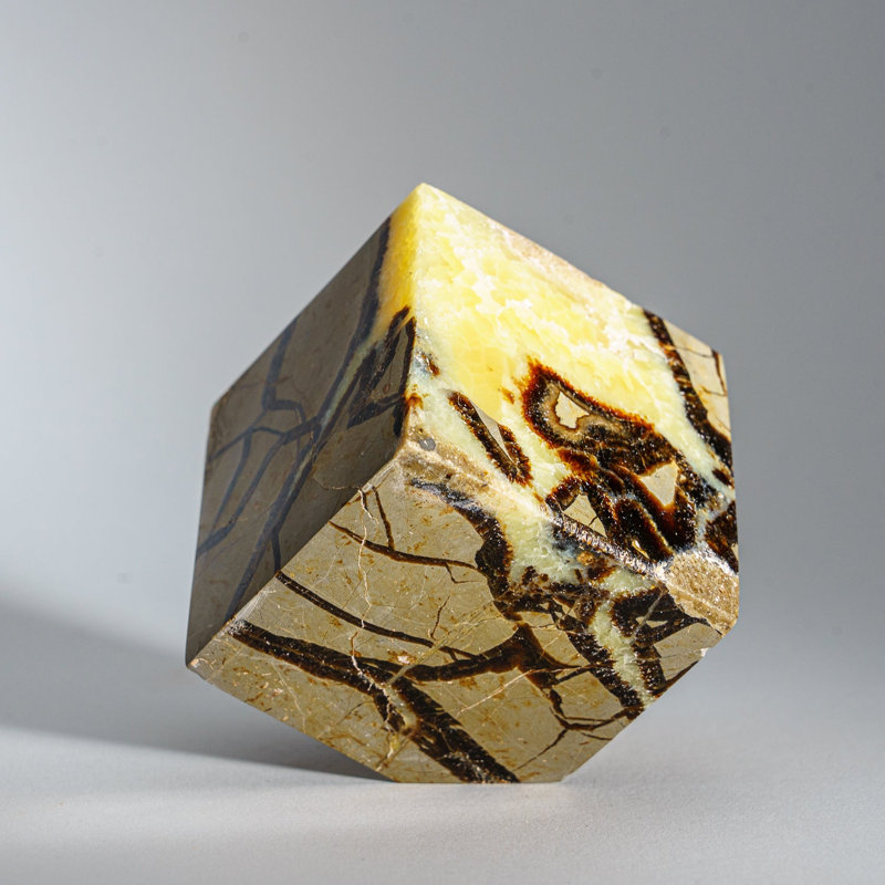 Polished Septarian Cube from Madagascar (2 Lbs), 2.75" H x 2.75" W x 2.75" D, Yellow Calcite/Brown Aragonite