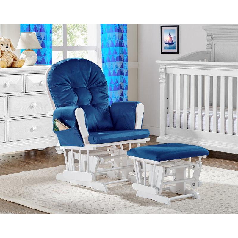 Cleo Wooden Glider and Ottoman, White Wood, Blue Polyester