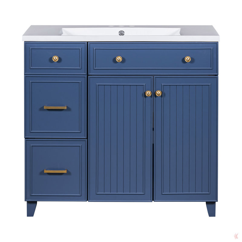 Meuble-lavabo de 36 po de style transitionnel avec lavabo en résine, armoire de salle de bain simple avec 2 tiroirs et 1 tablette de rangement réglable, 2 portes à fermeture en douceur