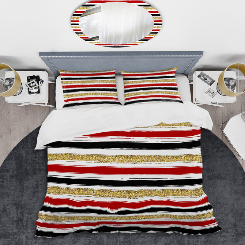 Motif rayé rouge et or - Ensemble de housse de couette abstrait - Microfibre de polyester