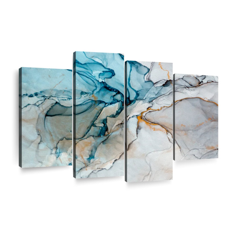 Abstrait art mural abstrait marbré liquide sur toile, 4 pièces, H 22 po x l 36 po x P 1 po