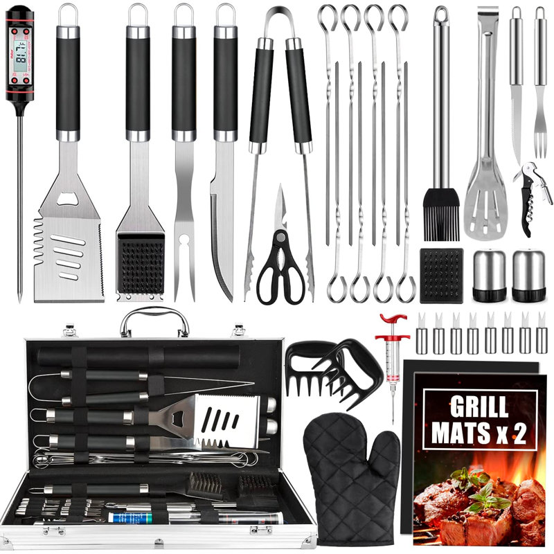 Ensemble de 38 outils à griller en acier inoxydable, Argent / noir