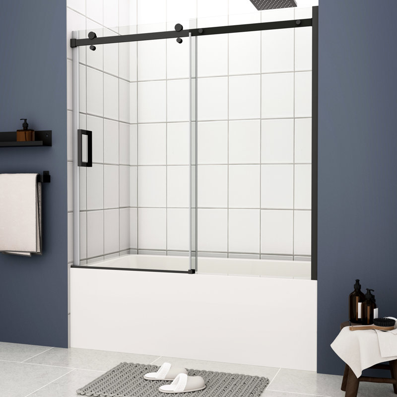 Porte de douche coulissante pour baignoire, verre trempé 5/16 po, noir mat, conception de fuite durable