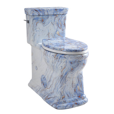 Los Flexi Blue-Gold Marble Pattern Toilet, Elongated One-Piece Toilet with Soft Close Seat, 1.28 GPF Rimless Swirl Flush, Full Skirted, 12" Rough-In, Metallic Gold Veining Finish