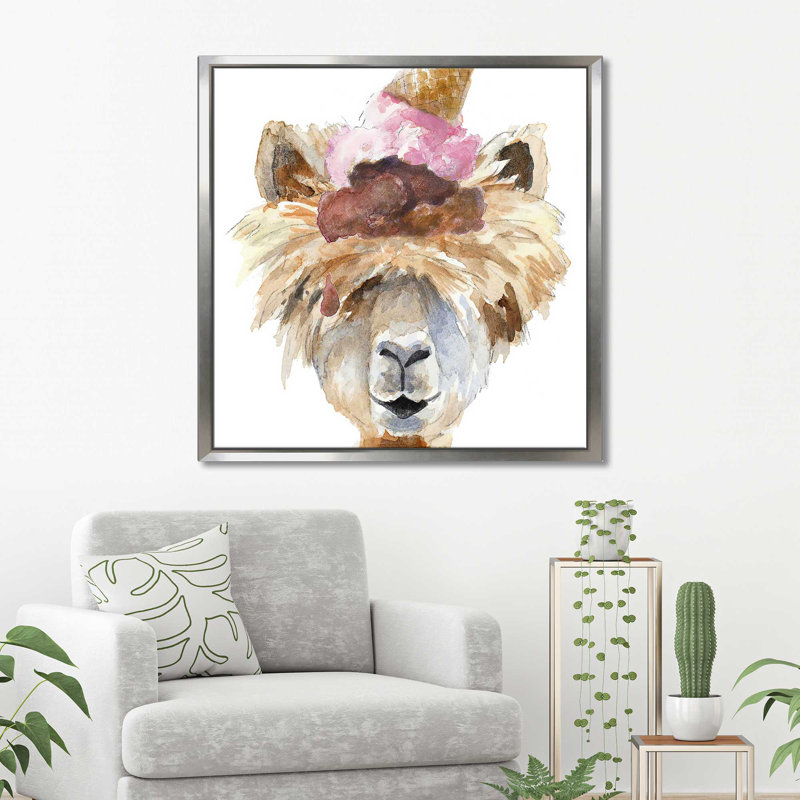 «Ice Cream Llama (Square)» par Lanie Loreth, reproduction, H 21,5 po x l 21,5 po x P 2 po, Cadre flottant argent