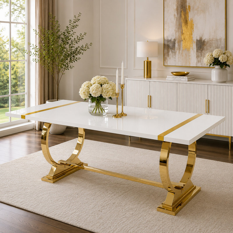 Hols Dining Table, 30" H x 80" W x 39" D, Gold / White