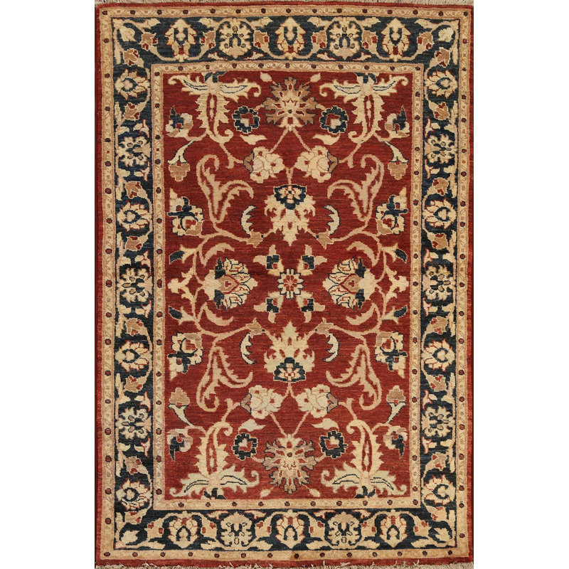 Tapis rouge / beige en laine noué à la main de conception unique 4 pi 0 po x 5 pi 10 po