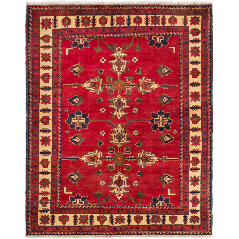 Tapis unique en laine noué à la main style Esari Turquie des années 2010 de 5 pi 1 po x 6 pi 4 po jaune / rouge Arboles