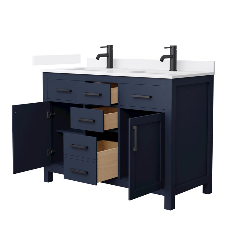 Beckett 48" Freestanding Double Bathroom Vanity with Quartz Top, Dark Blue, White Quartz, Matte Black
