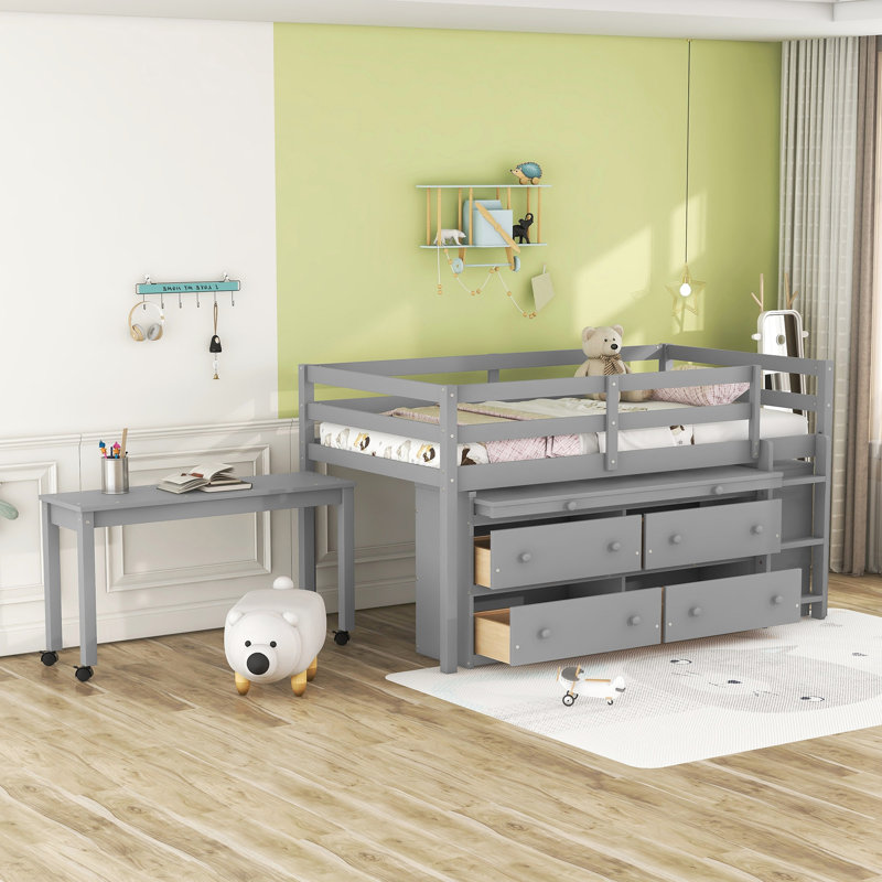 Lit mezzanine avec bureau d'écriture rétractable et système de tiroir fonctionnel avec tiroirs simples, gris et bois massif