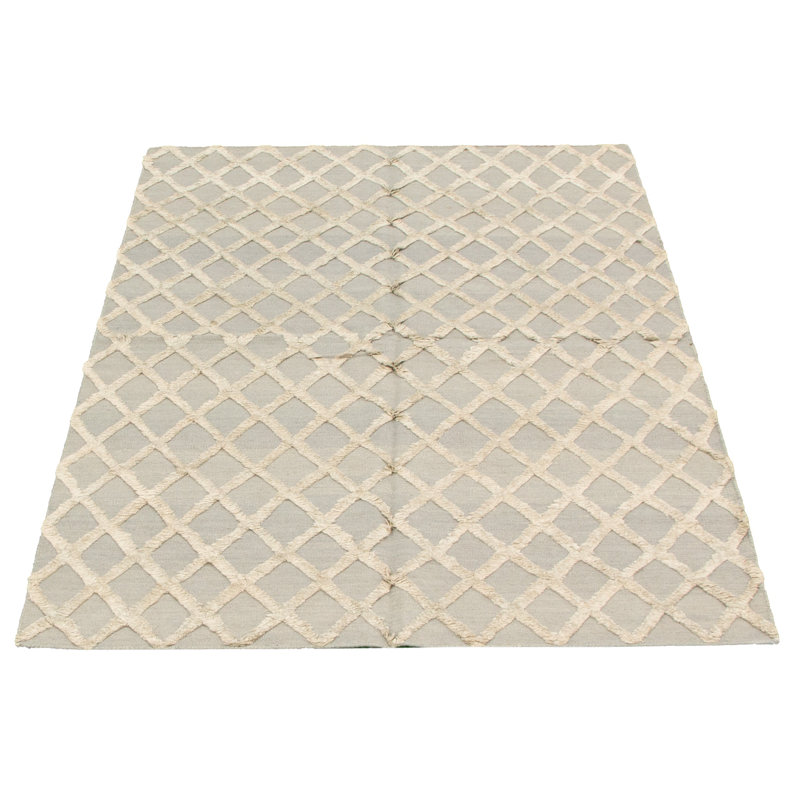 Tapis gris / gris clair en laine fait à la main de conception unique 5 pi x 7 pi 9 po Kilim Phyllida