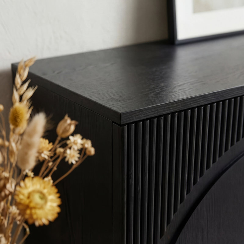 Alpena  31” Modern Arched Fluted Ash Veneer Cabinet – Sideboard & Media Console with Brass Handles, Black/White, Black