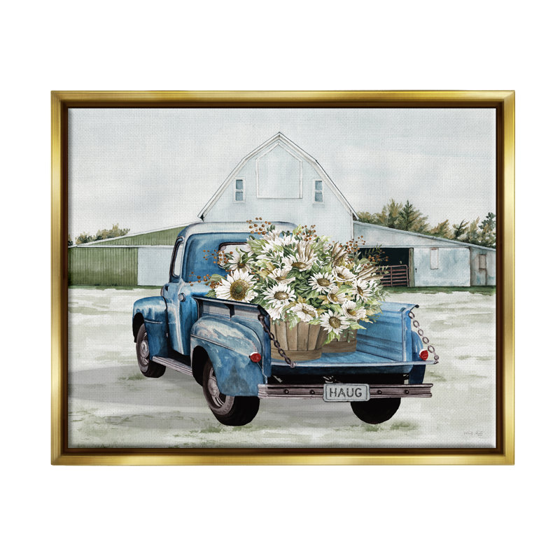 «Sunflower Truck at Farm» par Cindy Jacobs - impression, H 17 po x l 21 po x P 1,7 po, Cadre flottant métallique doré