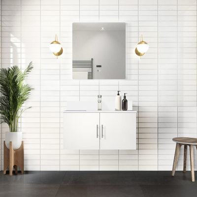 Meuble-lavabo blanc brillant avec comptoir en quartz et 36 po Miroir à DEL - usure et déchirure, unité de rangement de salle de bain spacieuse X 22 marques