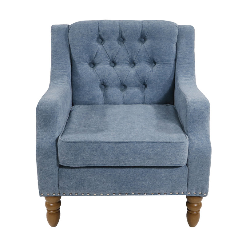Accent Chair, Living Room Chair, Footrest Chair Set with Vintage Brass Studs, Blue Linen