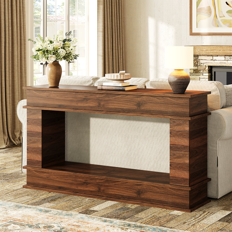 63" Narrow Farmhouse Console Table With Open Storage Shelves, Long Sofa Table For Entryway, Hallway, Or Behind The Couch