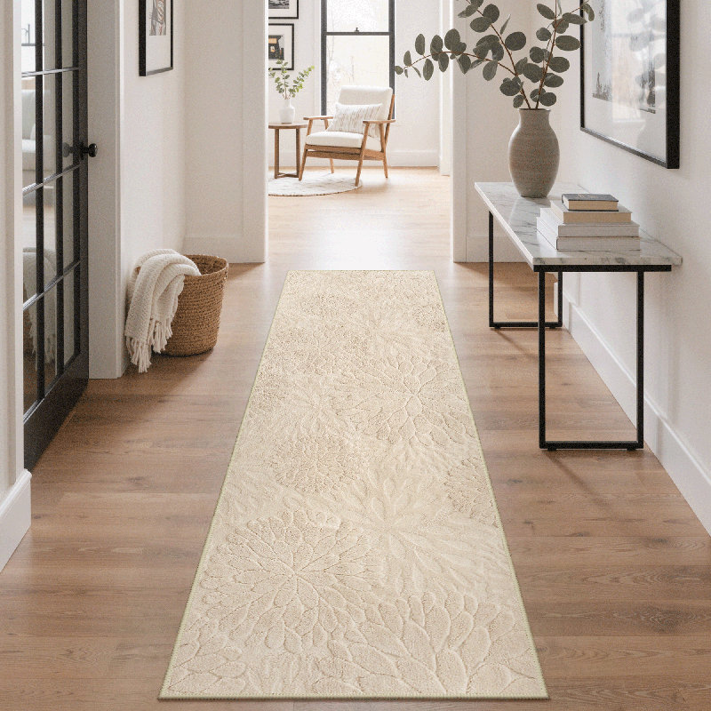 Liverpool Solid Floral High Low Pile Soft Plush Textured Washable Non-Slip Beige Indoor Runner Rug, Beige, Runner 2'3" x 8'