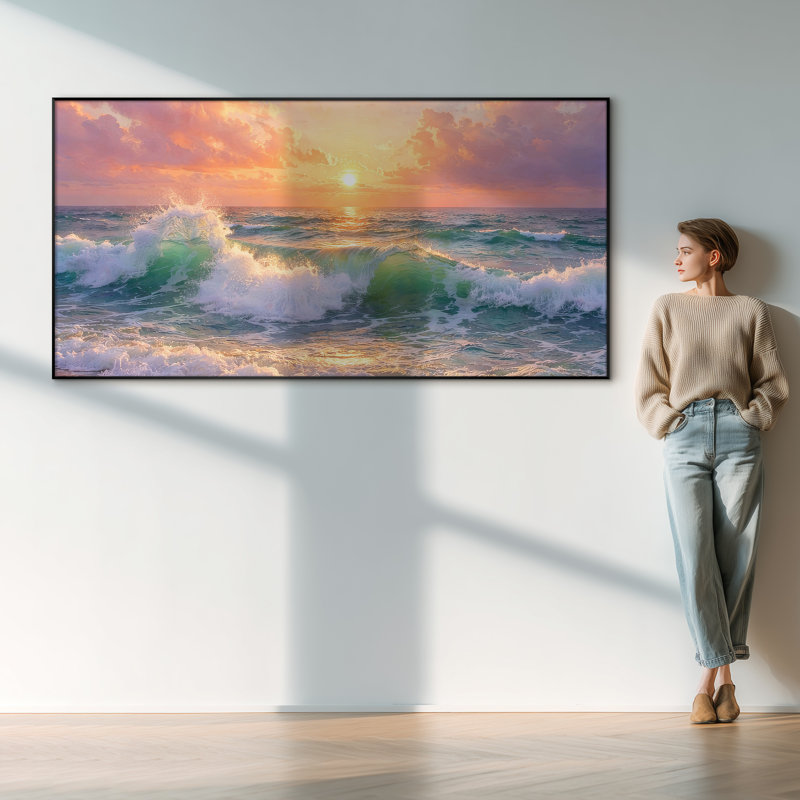 Très grande reproduction d'art sur tissu - Vagues océaniques vives au coucher du soleil avec reflet doré pour le salon - «Assemblage requis du cadre (cadre non fini)»