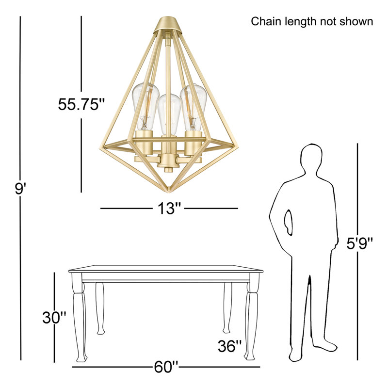 Luminaire suspendu géométrique à 3 lumières, Or moderne peint