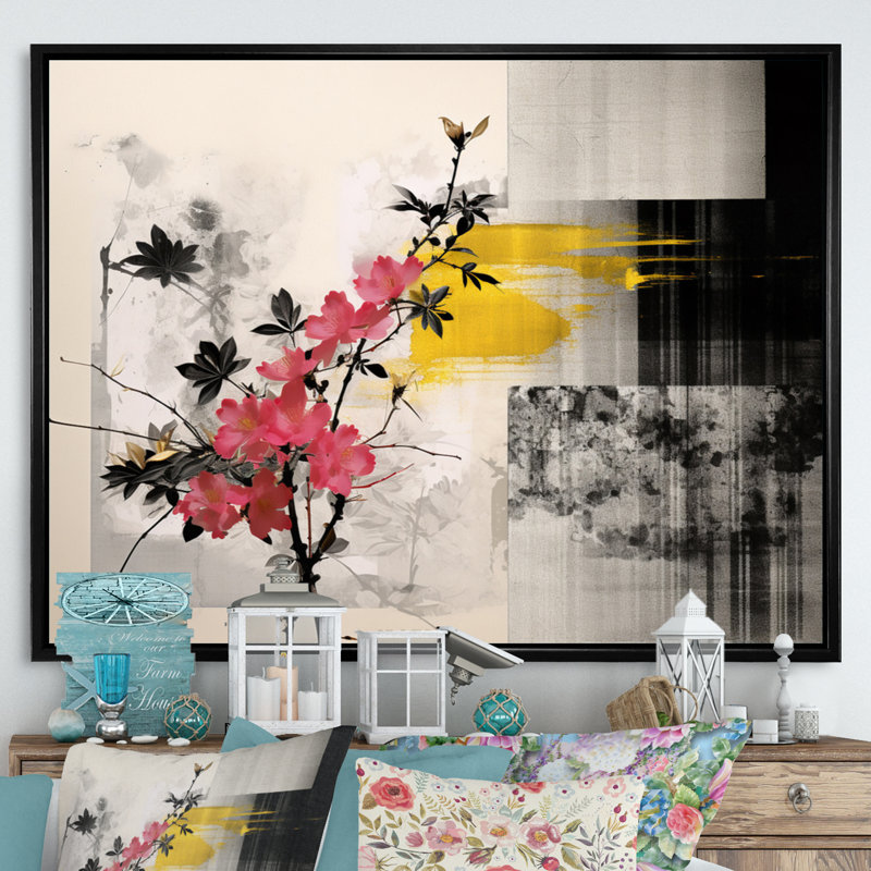 Asian Art Sumi Blossom III, reproduction d'art sur toile, H 24 po x l 32 po x P 1 po, Cadre flottant noir