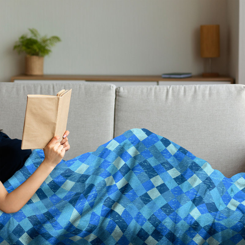 Ambesonne Blue Fleece Throw Blanket Diagonal Checked Pattern Turquoise Dark Blue, 50" W x 60" L