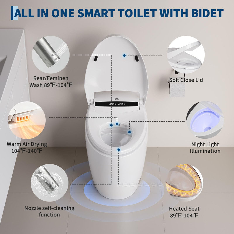 Toilette intelligente une pièce allongée, siège de bidet chauffant, chasse d'eau à capteur de pied, séchoir à air chaud, télécommande
