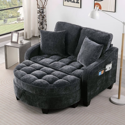 Canapé à deux places, canapé-lit double, avec accoudoirs et dossiers irréguliers, repose-pieds avec espace de rangement, deux petits coussins décoratifs, convient au salon et à la chambre à coucher