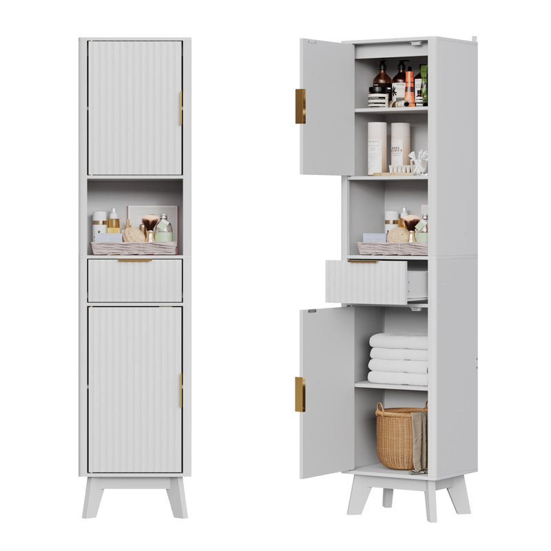 67" Tall Kitchen Food Pantry Fluted Narrow Open Storage Cabinet with Drawer and 2 Doors, White